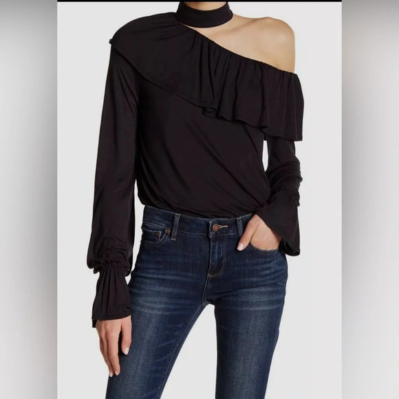 Paige black Rayden ruffle long sleeve one shoulder top size small O21 - Picture 1 of 8
